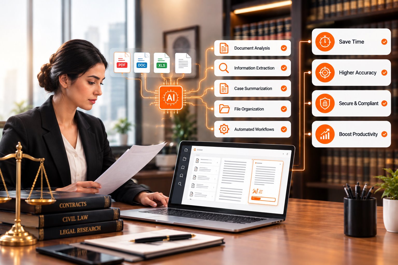 AI-powered legal workflow workspace - a lawyer reviews a contract while AI handles document analysis, information extraction, case summarization, file organization and automated workflows - EAlphabits