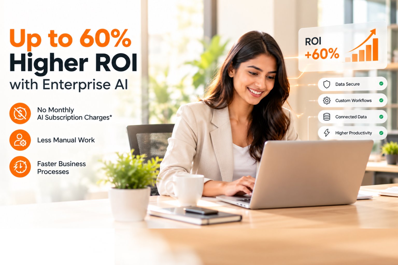 Up to 60% higher ROI with enterprise AI: no monthly AI subscription charges, less manual work, faster business processes, secure data, custom workflows and connected data - EAlphabits
