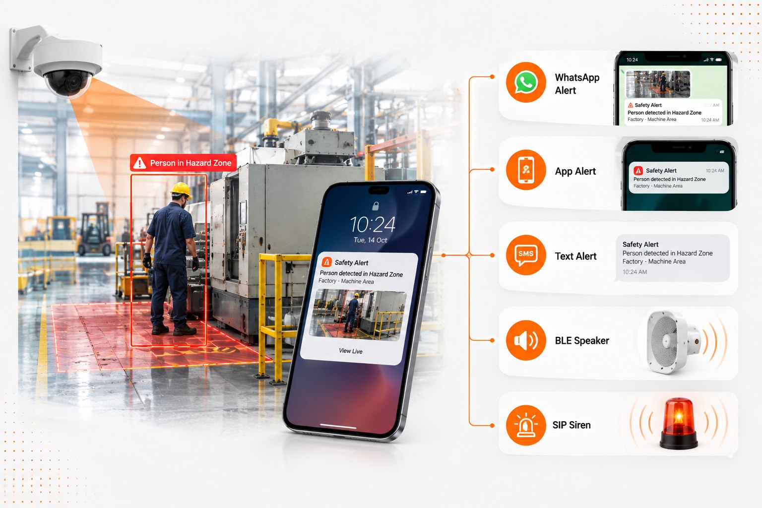 Camera AI industrial hazard alert flow - a worker detected in a factory hazard zone triggers WhatsApp, app, SMS, BLE speaker and SIP siren alerts - EAlphabits