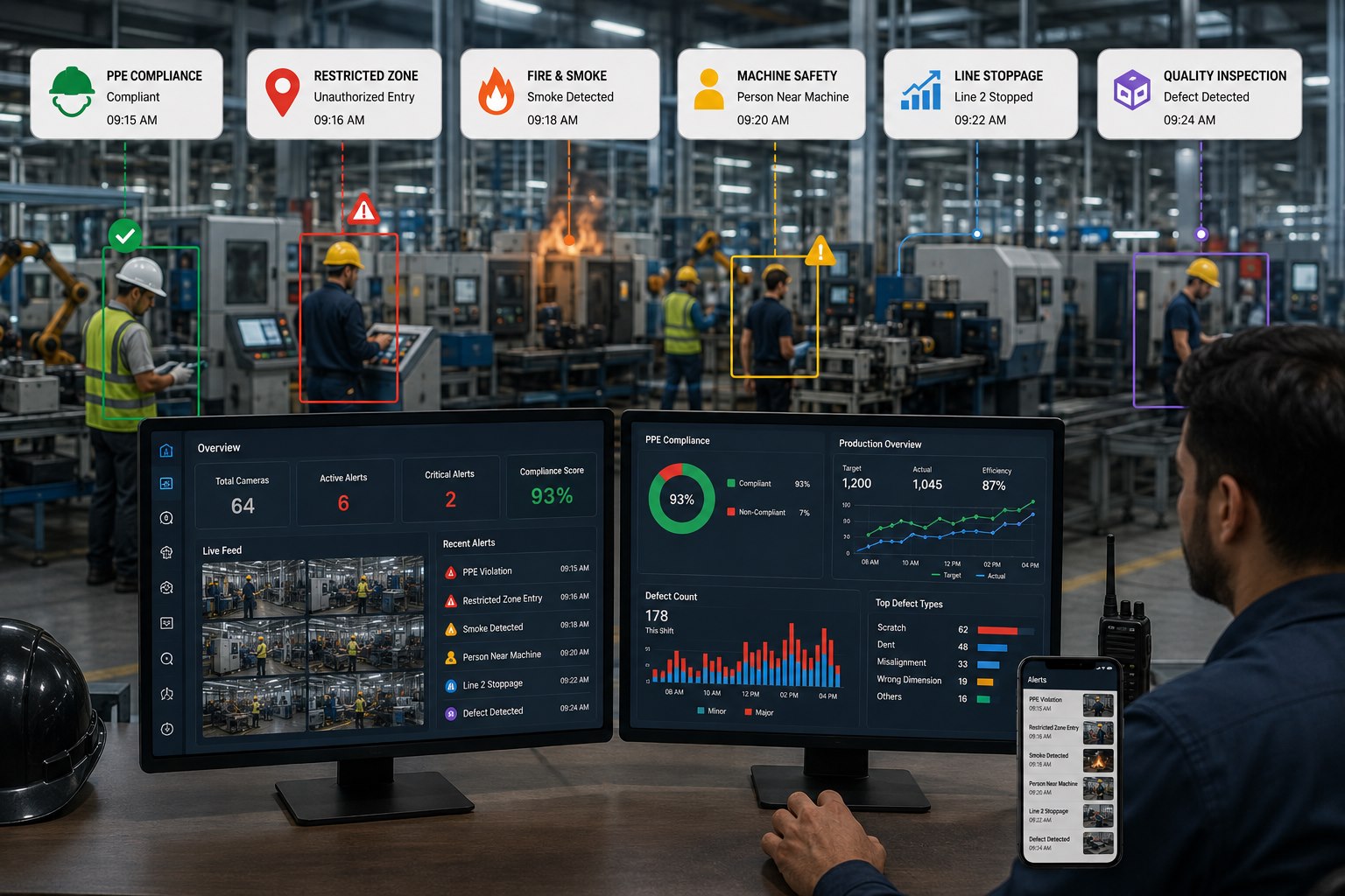 Camera AI manufacturing dashboard &mdash; PPE compliance, restricted zone entry, smoke detection, machine safety, line stoppage and quality inspection alerts on a live factory floor