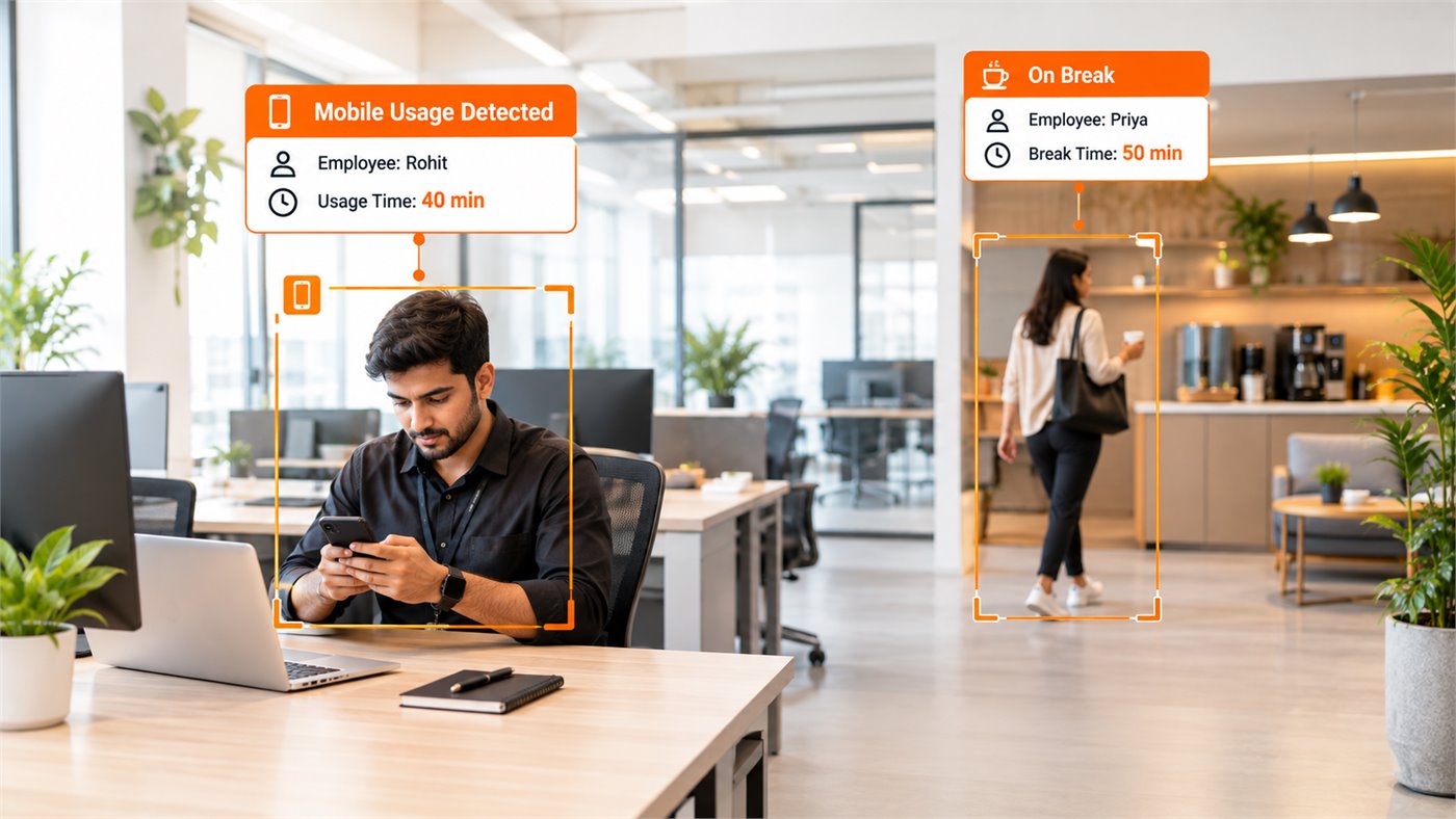 Camera AI workplace monitoring in an open office - mobile usage detected at a desk and an employee on break, each tagged with the employee name and elapsed time - EAlphabits