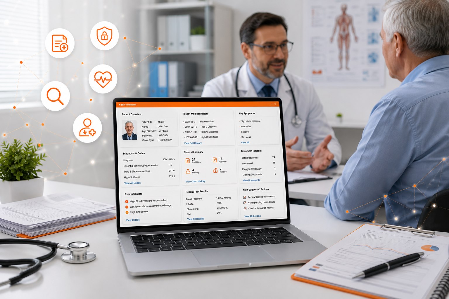 Custom LLM healthcare dashboard &mdash; patient overview, diagnosis and ICD codes, claims summary, risk indicators, recent test results and document insights in one searchable view