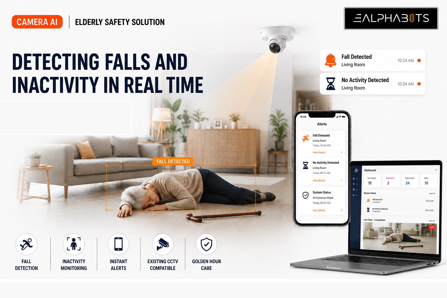 Camera AI elderly safety solution &mdash; fall detection and inactivity monitoring by E-Alphabits