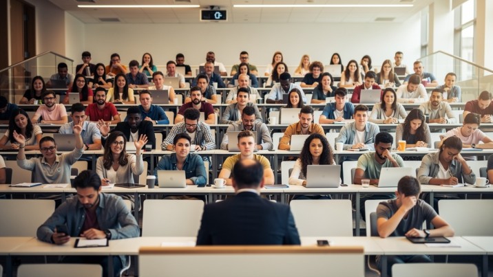 A modern Indian classroom — 40 students at desks, most fading into shadow, conveying the challenge of measuring attentiveness at scale.