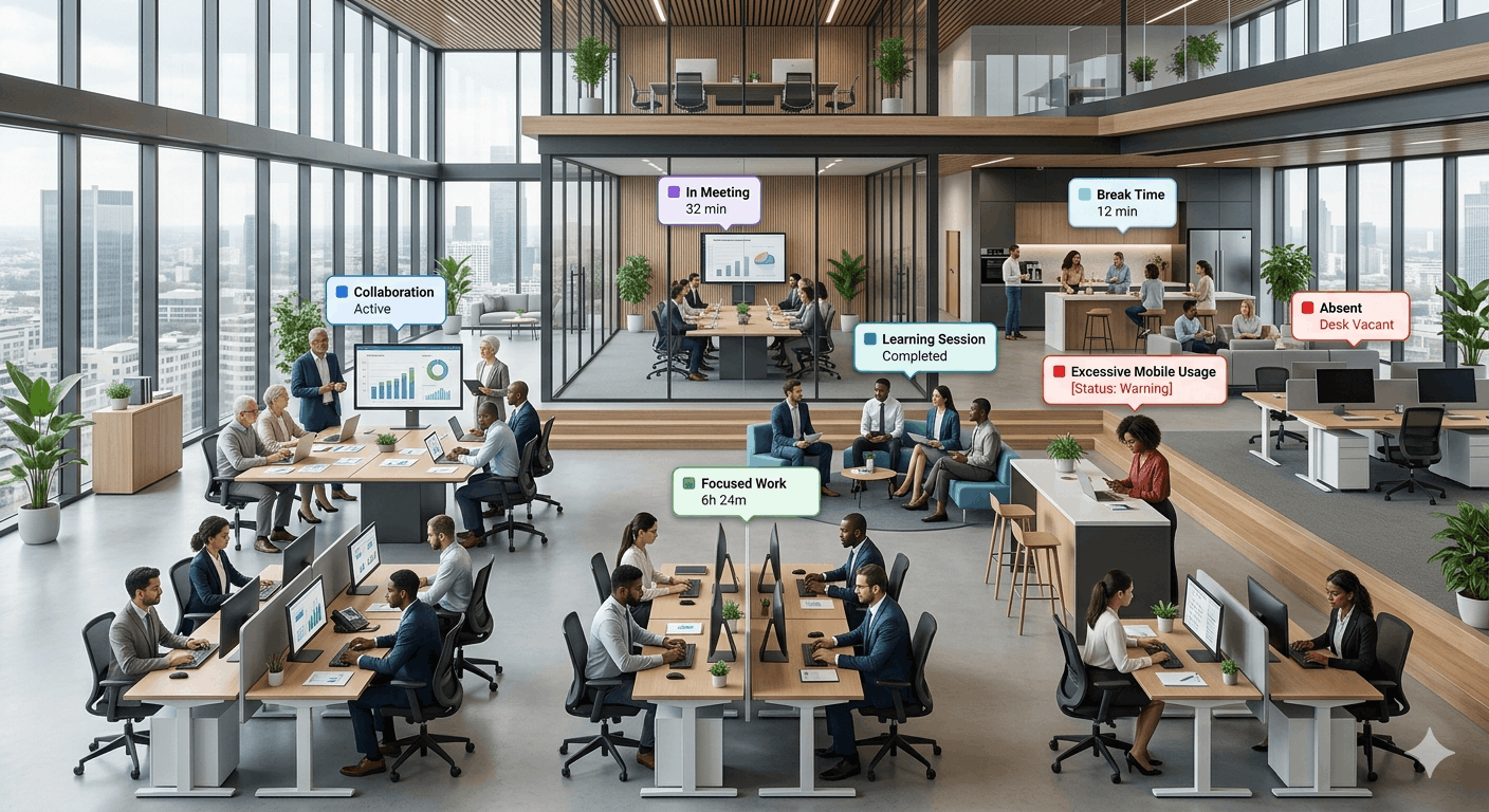 A modern Indian office floor, most employees working quietly